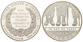 США 1 доллар 2010 W, Инвалиды войны, в оригинальной коробке, с сертификатом KM 479 серебро PROOF 8-2-06-61