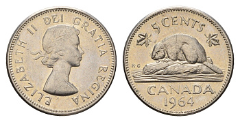 Канада 5 центов 1964 Елизавета II (1952-2022), бобр KM 57 никель 4611-551