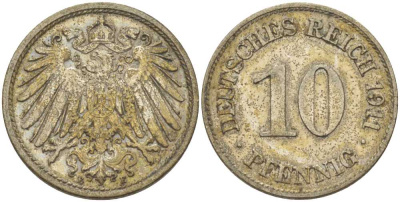 ГЕРМАНИЯ 10 ПФЕННИГОВ 1911 E KM 12, J. 13, Weege 8 медно-никель 212-151