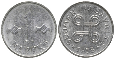 ФИНЛЯНДИЯ 1 МАРКА 1958 KM 36а железо плакированное никелем UNC 100-968
