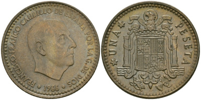 Испания 1 песета 1966 (67) Франциско Франко KM 796 алюминиевая бронза 4579-144