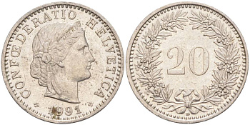 ШВЕЙЦАРИЯ 20 РАППЕНОВ 1991 В KM 29a медно-никель 55-1036