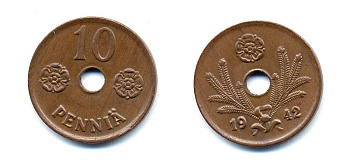 ФИНЛЯНДИЯ 10 ПЕННИ 1942 KM 33.1 медь 51-5011