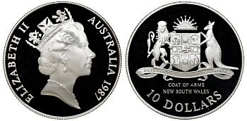 Австралия 10 долларов 1987 Новый Южный Уэльс, в оригинальной коробке, с сертификатом KM 93 серебро PROOF 4-3-4-35