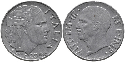 ИТАЛИЯ 20 ЧЕНТЕЗИМО 1940 R, ВИКТОР ИМАНУИЛ, XVIII ГОД, МАГНИТНАЯ KM 75b нержавеющая сталь 83-1057
