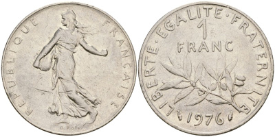 Франция 1 франк 1976 сеятель KM 925.1 никель 4165-345
