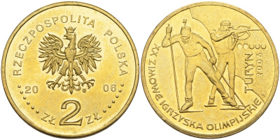 Польша 2 злотых 2006 MW, Зимние Олимпийские игры в Турине, биатлон KM 605, Parchimowicz 985 нордик 4586-1212