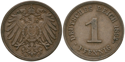 Германия 1 пфенниг 1892 G, Вильгельм II (1888-1918) KM 10, J. 10 медь 1524-544