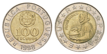 Португалия 100 эскудо 1998 Педру Нуниш (1502-1578), математик KM 645 биметалл 4391-414