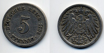 ГЕРМАНИЯ 5 ПФЕННИГОВ 1906 A, KM 11, J. 12 медно-никель 76-227