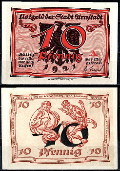 Арнштадт (Тюрингия) 10 пфеннигов 1921 Mehl Grabowski 43.1-1/6 бумага UNC (пресс) 7556-43-1-1