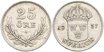 Швеция 25 эре 1937 G, Густав V (1907-1950) KM 785 серебро 4147-942