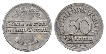 Германия 50 пфеннигов 1921 F KM 27, J. 301 алюминий 4638-1014