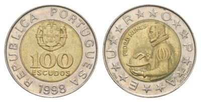 Португалия 100 эскудо 1998 Педру Нуниш (1502-1578), математик KM 645 биметалл 4391-414
