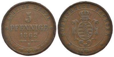 Саксония 5 пфеннигов 1862 B, Йоханн (1854-1873) KM 1218 медь 413-6144