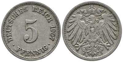 ГЕРМАНИЯ 5 ПФЕННИГОВ 1907 А KM 11, J. 12 медно-никель 39-936
