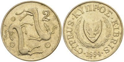 Кипр 2 цента 1994 KM 54.3 никель латунь 4174-1265