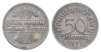Германия 50 пфеннигов 1921 F KM 27, J. 301 алюминий 4638-1014