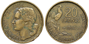Франция 20 франков 1953 KM 917.1 алюминиевая бронза 51-2823