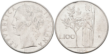 Италия 100 лир 1964 R, АФИНА В ДОСПЕХАХ KM 96.1 нержавеющая сталь 4572-331