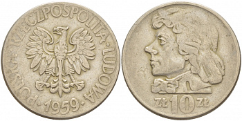 Польша 10 злотых 1959 MW, Тадеуш Костюшко, первый год KM 50 медно-никель 4536-1223