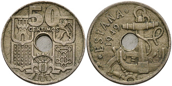 Испания 50 сентимо 1949 (52) Франсиско Франко (1939-1975) KM 777 медно-никель 4604-527