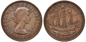 Великобритания 1/2 пенни 1954 Елизавета II (1952-2022) KM 896, Spink 4158 бронза 4122-822