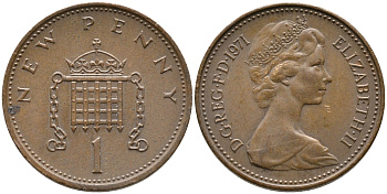 Великобритания 1 пенни 1971 Елизавета II (1952-2022) KM 915, Spink 4237 (B1) бронза 100-545