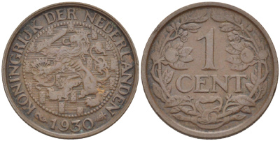 НИДЕРЛАНДЫ 1 ЦЕНТ 1930 ВИЛЬГЕЛЬМИНА (1890-1948) KM 152 бронза 76-166
