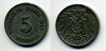 ГЕРМАНИЯ 5 ПФЕННИГОВ 1900 G, KM 11, J. 12 медно-никель 58-1132