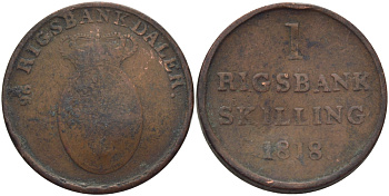 ДАНИЯ 1 РИКСБАНКСКИЛЛИНГ 1818 ФРЕДЕРИК VI (1808-1839) KM 688 (С101) медь 28-456