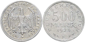 ГЕРМАНИЯ 500 МАРОК 1923 E KM 36, J. 305, Weege 23 алюминий 210-436