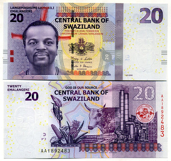 Свазиленд 20 емалангени 2010 серия АА Pick 37 a бумага UNC (пресс) 448-132-1