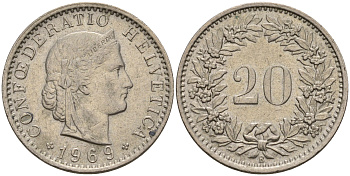 Швейцария 20 раппенов 1969 KM 29а медно-никель 4606-713