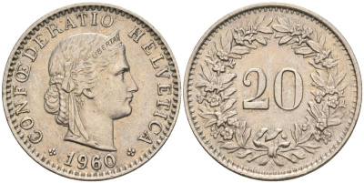 Швейцария 20 раппенов 1960 B KM 29a медно-никель 4606-753