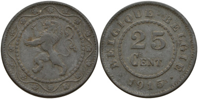 Бельгия 25 сантимов 1915 германская оккупация Первая мировая война, Альберт I (1910-1934) KM 82 цинк 4157-426