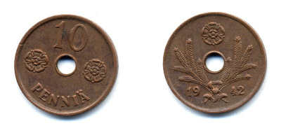 ФИНЛЯНДИЯ 10 ПЕННИ 1942 KM 33.1 медь 51-4968
