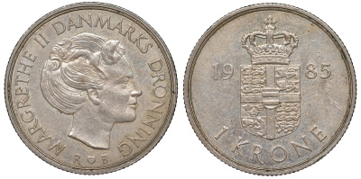 Дания 1 крона 1985 R;B, Маргрете II (1972-) KM 862.3 медно-никель 4165-724
