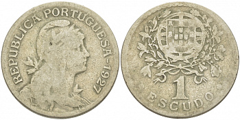 ПОРТУГАЛИЯ 1 ЭСКУДО 1927 ПЕРВЫЙ ГОД KM 578 медно-никель 77-747