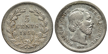 Нидерланды 5 центов 1850 Виллем III (1849-1890), точка после даты KM 91 серебро 443-533