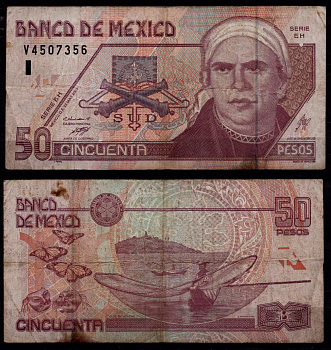 Мексика 50 песо 2002 Море́лос Хосе Мария, штат Мичоакан, бабочки 
Pick 117 бумага 8604-11-2-1