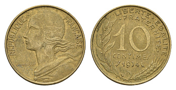 Франция 10 сантимов 1974 KM 929 алюминиевая бронза 4674-567