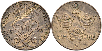 Швеция 2 эре 1938 Густав V (1907-1950) KM 778 бронза 68-835