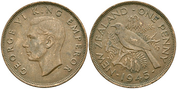 Новая Зеландия 1 пенни 1945 Георг VI (1936-1952), новозеландский туи KM 13 бронза 4165-1244