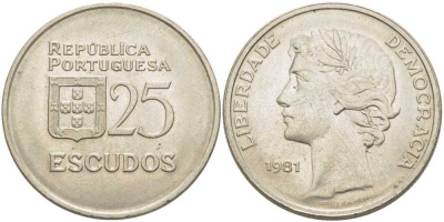 Португалия 25 эскудо 1981 KM 607а медно-никель 113-252