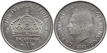 Швеция 1 крона 2003 Карл XVI Густав (1973- ) KM 894 медно-никель 4179-1034