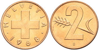 Швейцария 2 раппена 1968 В KM 47 бронза UNC 4566-324