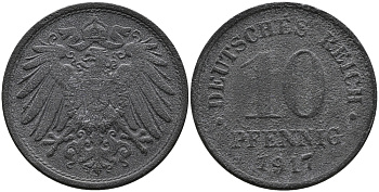 ГЕРМАНИЯ 10 ПФЕННИГОВ 1917 KM 26, J. 299 цинк 33-331