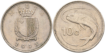 Мальта 10 центов 1991 золотая макрель KM 96 медно-никель 4588-228
