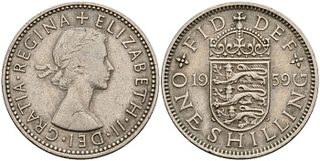 Великобритания 1 шиллинг 1959 Елизавета II (1952-2022), Английский герб KM 904, Spink 4147 медно-никель 4150-753